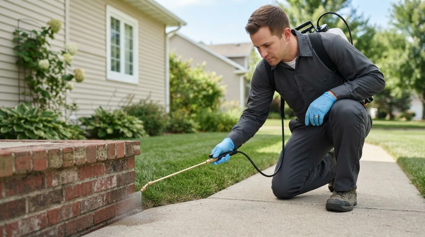 Pest control technician treating a home near Pleasant Hill, IA
