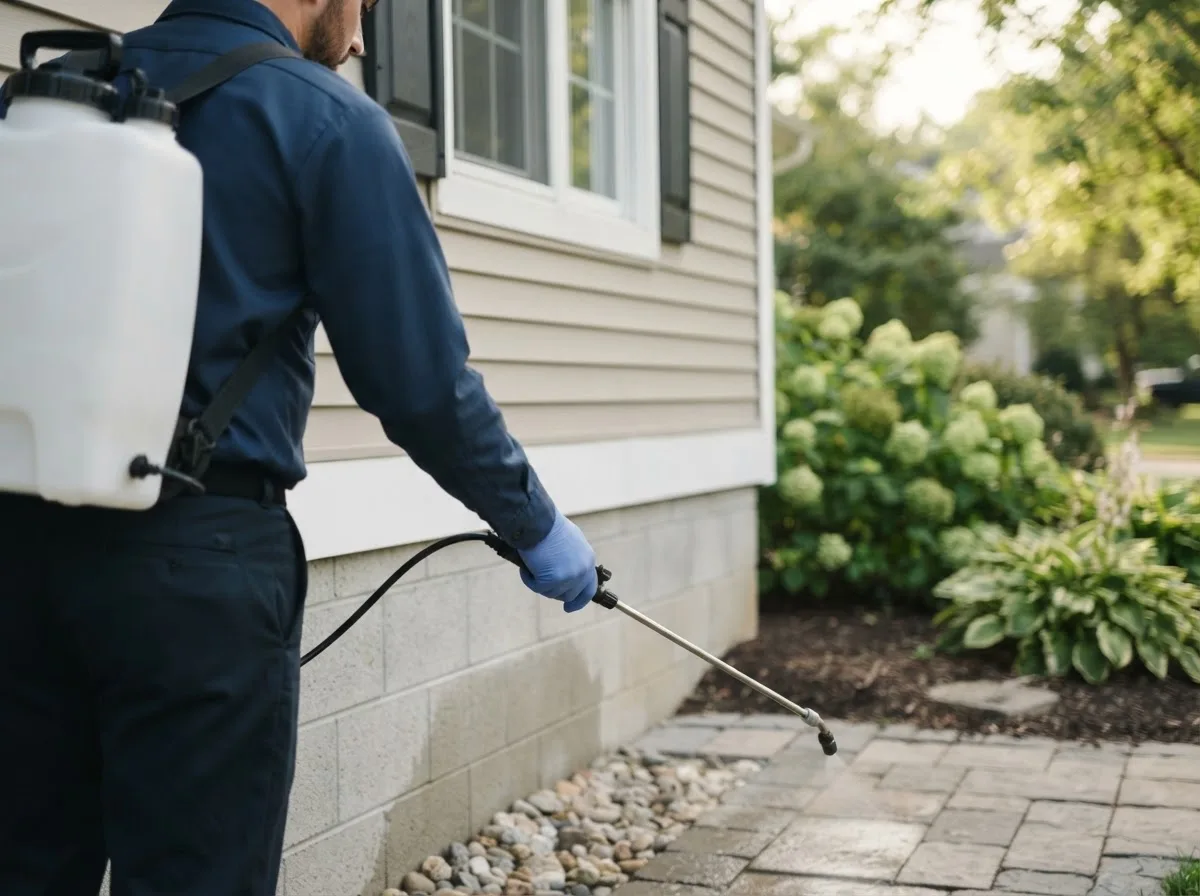 Pest control technician inspecting a home in Pleasant Hill, IA
